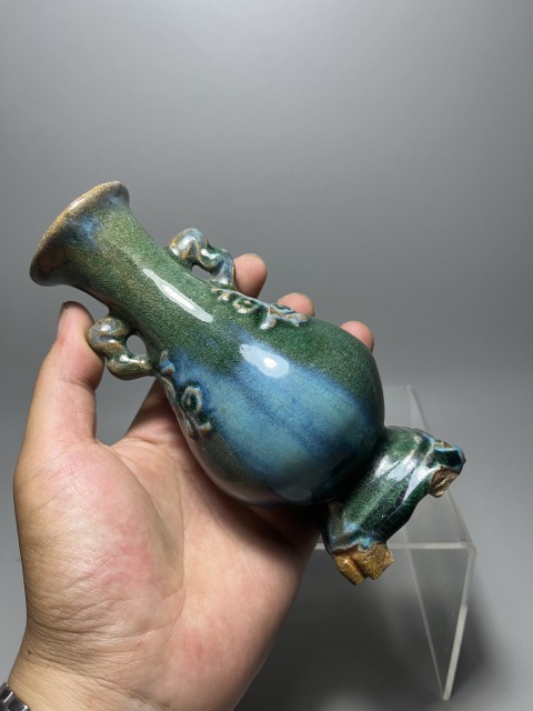 古玩陶瓷民國·窯變釉雙耳連坐瓶真品鑒賞圖