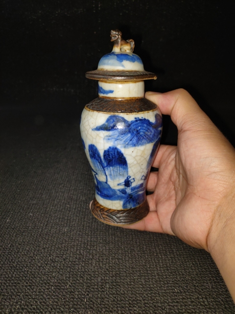 古玩陶瓷【精品】清晚期 哥釉鐵銹花青花山水紋蓋瓶【精品民窯】【傳世佳品】拍賣,當前價格0元
