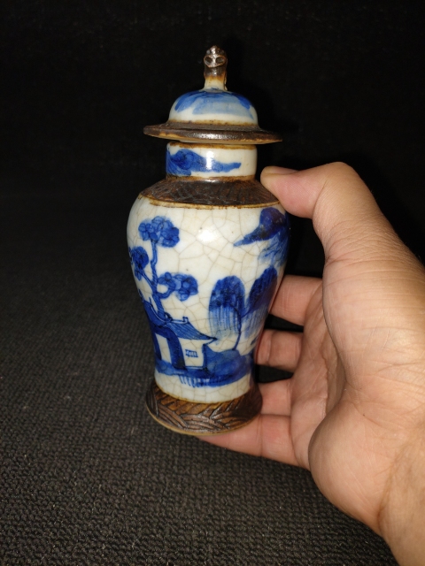 古玩陶瓷【精品】清晚期 哥釉鐵銹花青花山水紋蓋瓶【精品民窯】【傳世佳品】拍賣,當前價格0元