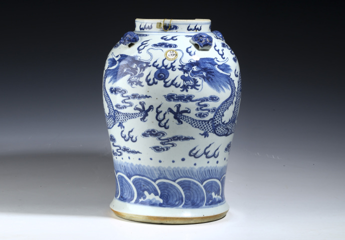 1211 中国 清代   古青花染付 双龍戯珠文　蓋つき器  時代物 1211 中国 清代 古青花染付 双龍戯珠文 蓋つき器