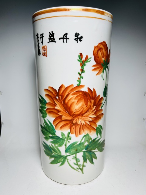 古玩陶瓷粉彩牡丹盛開花紋帽筒拍賣，當前價格999元
