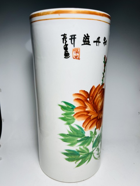 古玩陶瓷粉彩牡丹盛開花紋帽筒拍賣，當前價格999元