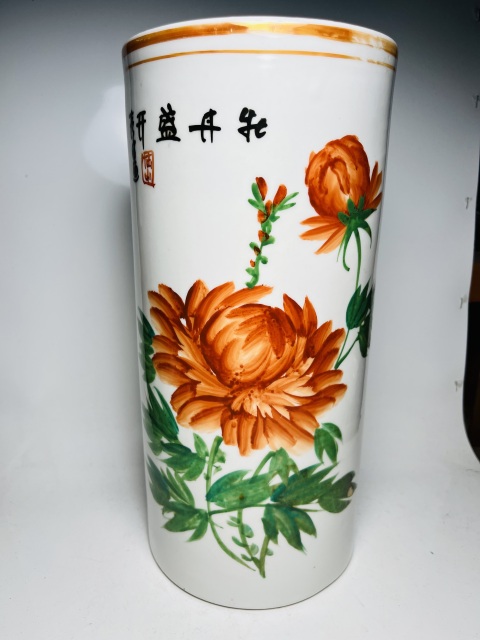 古玩陶瓷粉彩牡丹盛開花紋帽筒拍賣，當前價格999元