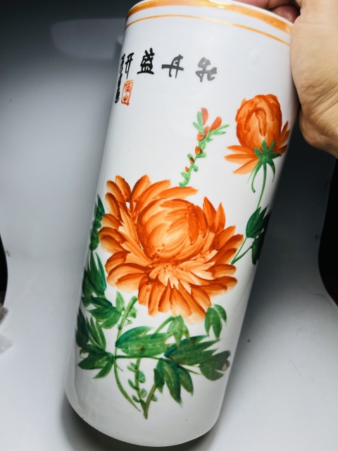 古玩陶瓷粉彩牡丹盛開花紋帽筒拍賣，當前價格999元