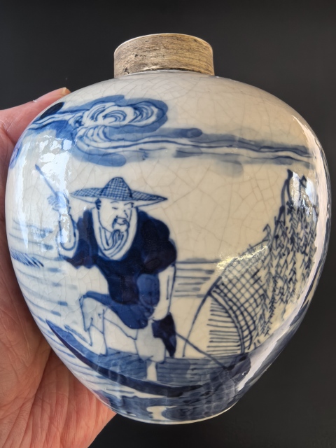 古玩陶瓷煨瓷青花(楓橋夜泊）蓋罐拍賣，當前價格23888元