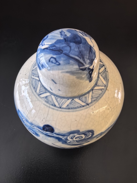 古玩陶瓷煨瓷青花(楓橋夜泊）蓋罐拍賣，當前價格23888元