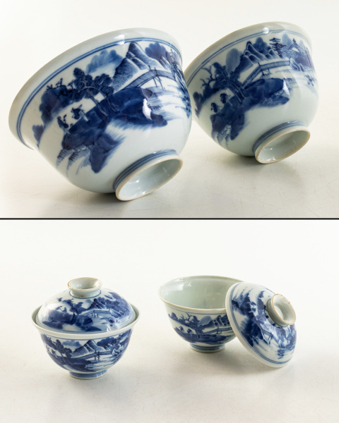 古玩陶瓷清中期 青花山水人物紋蓋碗 一對拍賣,當前價格8000元