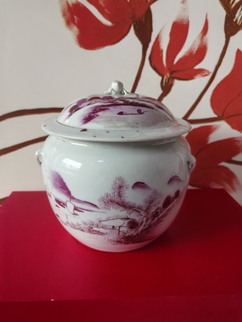 古玩陶瓷胭脂紅山水紋四系粥罐拍賣,當前價格2880元