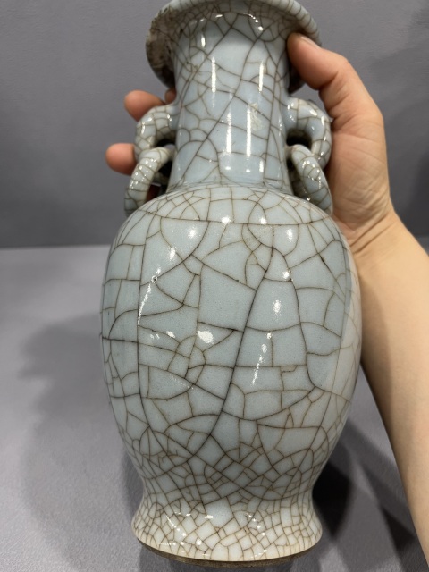 古玩陶瓷藍哥釉雙耳銜環撇口瓶拍賣,當前價格4500元