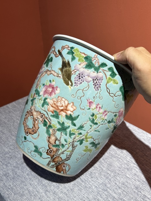 古玩陶瓷清代光緒綠地粉彩花鳥紋蘭花盆拍賣，當前價格35800元