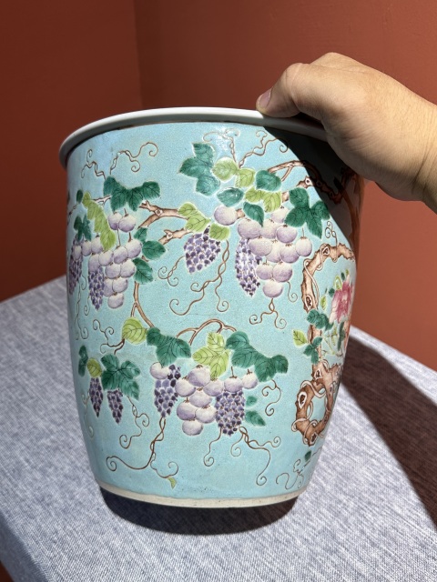 古玩陶瓷清代光緒綠地粉彩花鳥紋蘭花盆拍賣，當前價格35800元