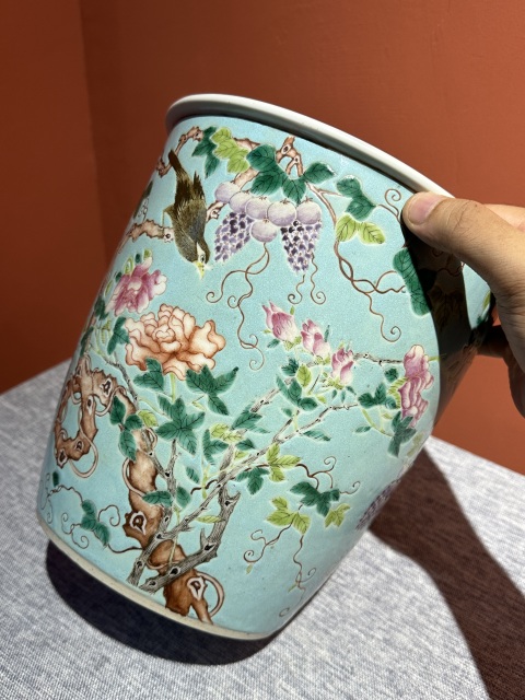 古玩陶瓷清代光緒綠地粉彩花鳥紋蘭花盆拍賣，當前價格35800元