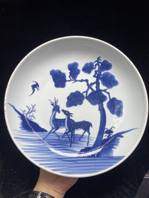 古玩陶瓷清雍正青花雙鹿紋臥盤(pán)拍賣(mài)，當(dāng)前價(jià)格20000元