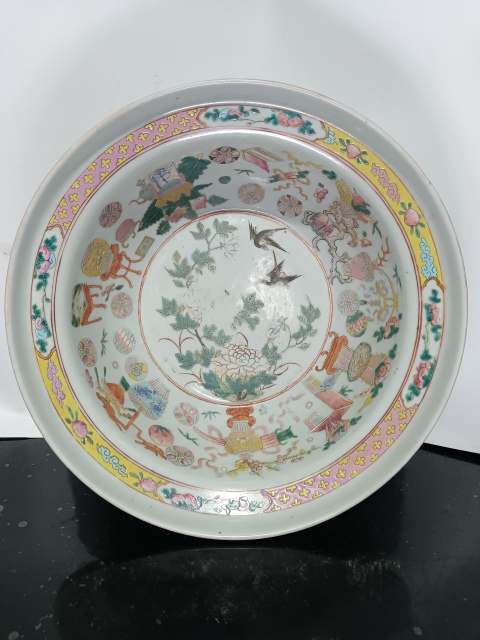 古玩陶瓷晚清粉彩博古圖凈手盆拍賣，當前價格11860元