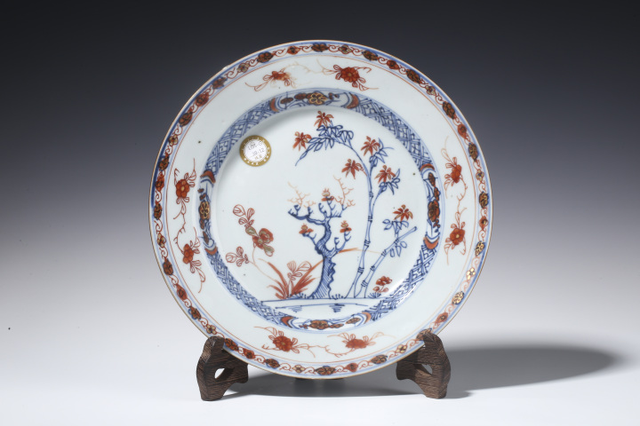 古玩陶瓷清康熙·青花礬紅描金花竹紋折沿盤真品鑒賞圖