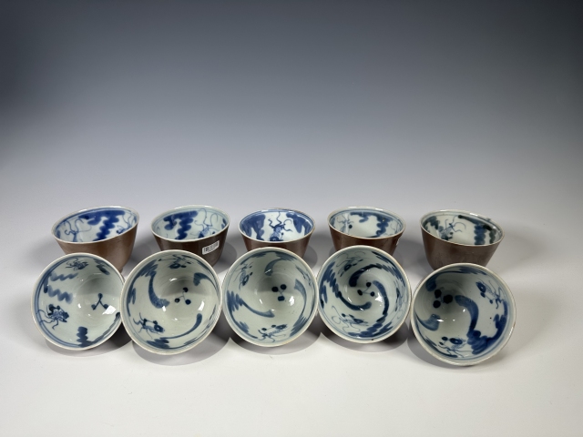 古玩陶瓷清晚期外紫金釉內青花魚藻紋杯一組十只拍賣，當前價格4000元