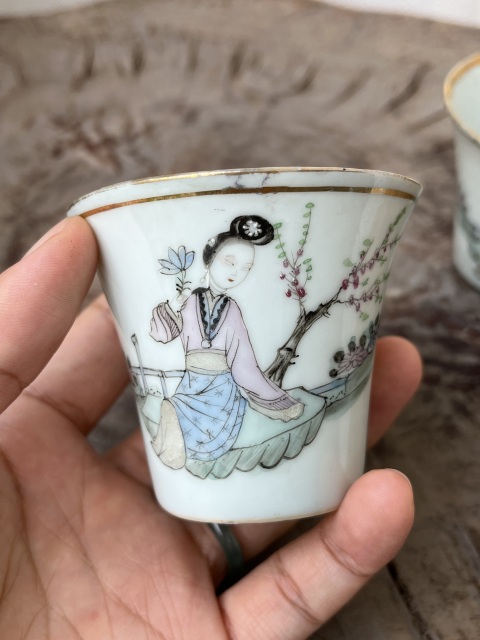 古玩陶瓷名家粉彩仕女馬蹄杯一對拍賣，當前價格1380元