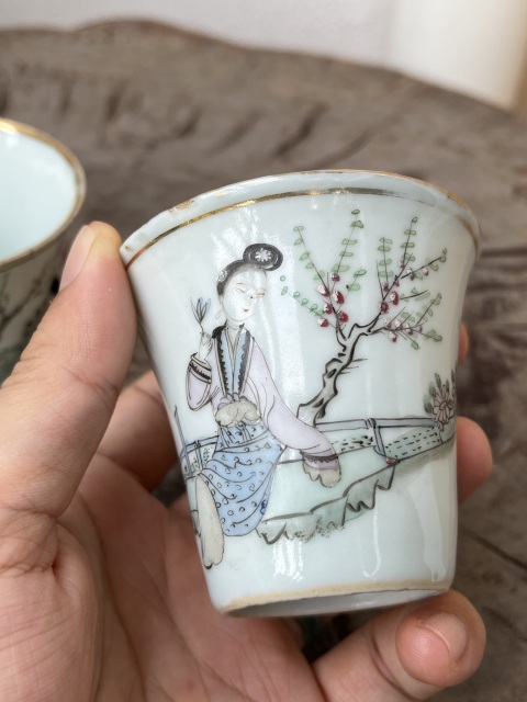 古玩陶瓷名家粉彩仕女馬蹄杯一對拍賣，當前價格1380元