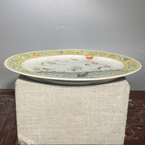 古玩陶瓷細路精品粉彩海水仙鶴紋盤拍賣，當前價格3600元