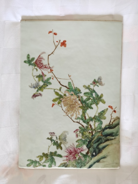 古玩陶瓷粉彩山石花卉紋瓷板拍賣，當前價格60000元