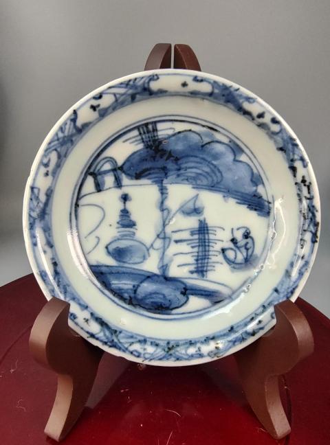 古玩陶瓷明代青花人物山水小盤拍賣，當(dāng)前價格860元