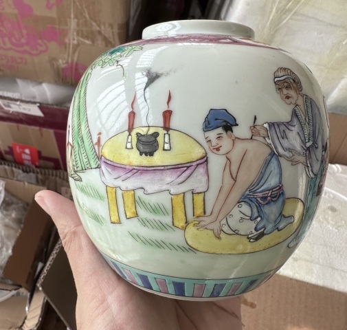 古玩陶瓷粉彩精忠報國圖茶葉罐拍賣,當前價格3000元