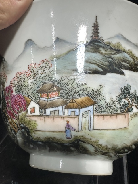 古玩陶瓷民國粉彩山水通景紋大碗拍賣，當前價格6800元