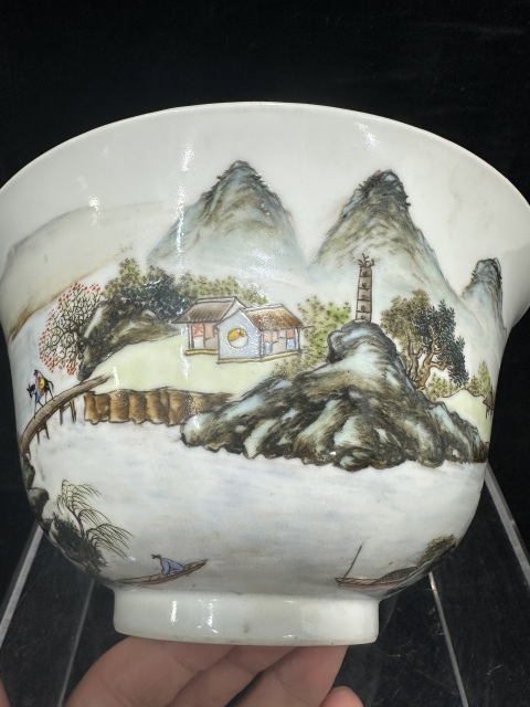 古玩陶瓷民國粉彩山水通景紋大碗拍賣，當前價格6800元