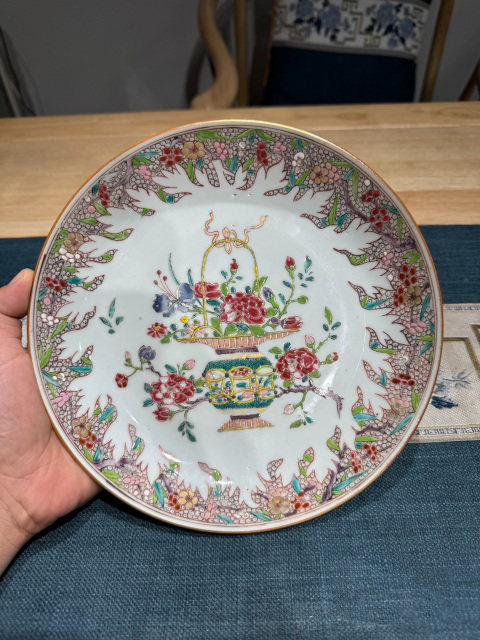 古玩陶瓷清·雍正細路粉彩提籃花大盤拍賣，當前價格1480元