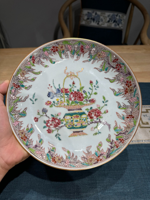 古玩陶瓷清·雍正細路粉彩提籃花大盤拍賣，當前價格1480元