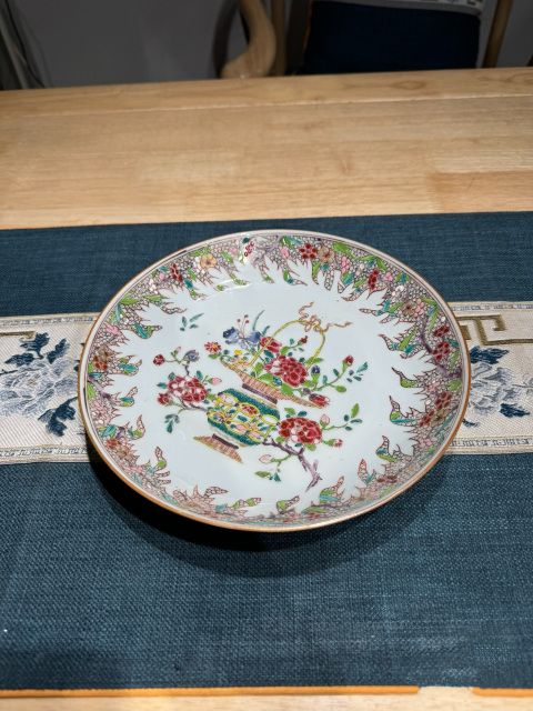 古玩陶瓷清·雍正細路粉彩提籃花大盤拍賣，當前價格1480元