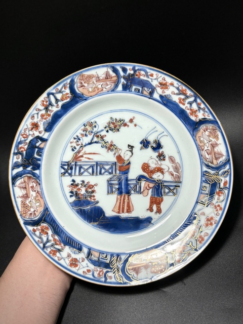 古玩陶瓷清康熙· “教子折桂圖”青花礬紅描金折沿盤(細路)拍賣,當前價格1888元