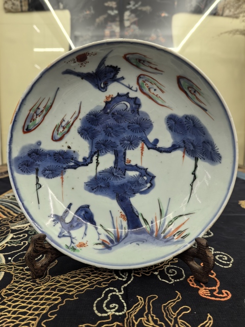 古玩陶瓷明晚青花五彩松鶴延年賞盤拍賣，當前價格18888元
