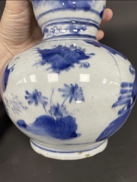 古玩陶瓷明崇禎·青花“指日高升”高士圖山水人物故事葫蘆瓶拍賣，當前價格26000元