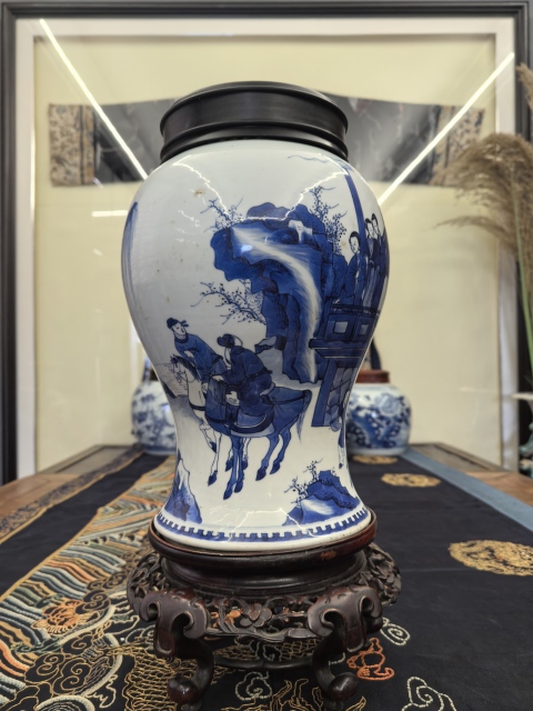 古玩陶瓷康熙(翠毛藍)青花(西廂記)截口花觚拍賣,當前價格98888元