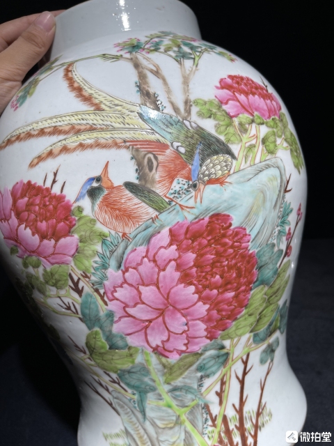 古玩陶瓷粉彩雉雞牡丹圖將軍罐拍賣,當(dāng)前價(jià)格9600元
