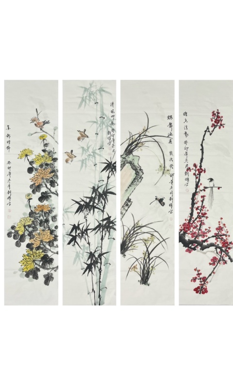 古玩字畫梅蘭竹菊四屏拍賣，當(dāng)前價格680元