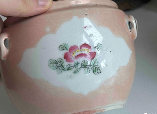 古玩陶瓷胭脂紅開窗粉彩花鳥粥罐拍賣，當前價格428元