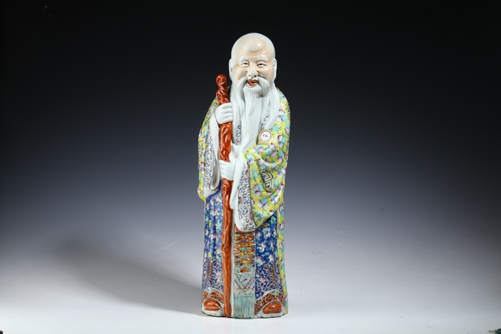 古玩陶瓷（保真卡）朱茂記造粉彩大壽星瓷塑拍賣，當前價格8888元