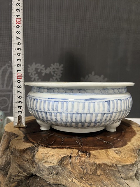 古玩陶瓷清中期青花萬壽香爐水仙盤拍賣，當前價格450元