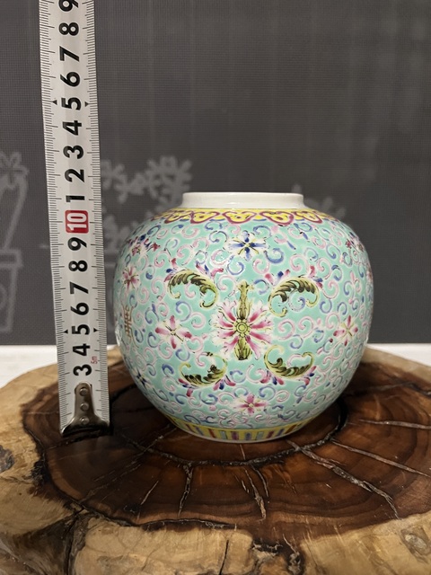 古玩陶瓷松石綠地粉彩花卉紋茶葉罐拍賣，當前價格1500元