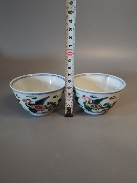 古玩陶瓷晚清民國青花五彩鳳凰杯一對拍賣，當前價格2390元