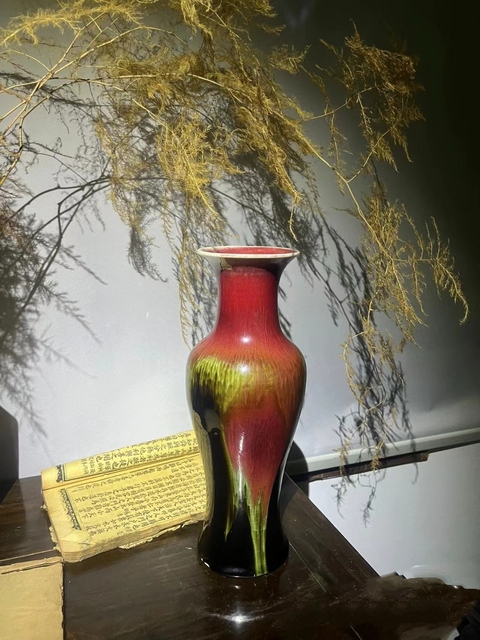 古玩陶瓷紅釉三羊開泰觀音瓶拍賣，當前價格9999元