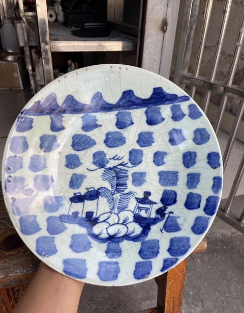 古玩陶瓷豆青釉青花山水人物盤拍賣，當前價格18元
