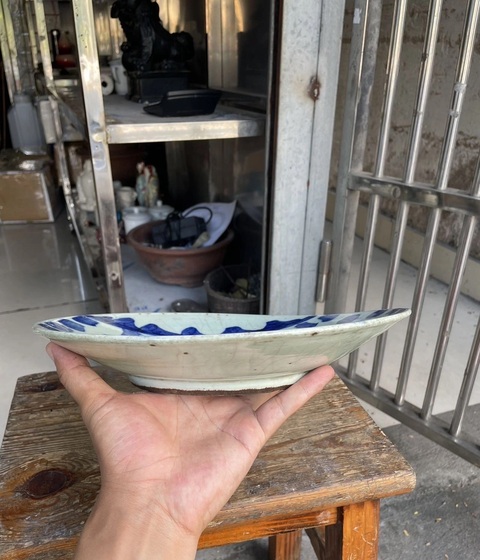 古玩陶瓷豆青釉青花山水人物盤拍賣，當前價格18元