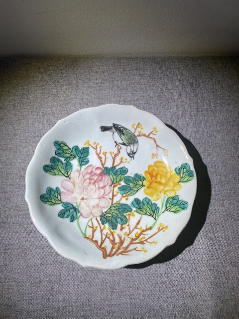 古玩陶瓷晚清淺降彩花鳥盤拍賣，當前價格550元