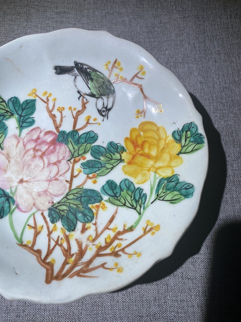 古玩陶瓷晚清淺降彩花鳥盤拍賣，當前價格550元