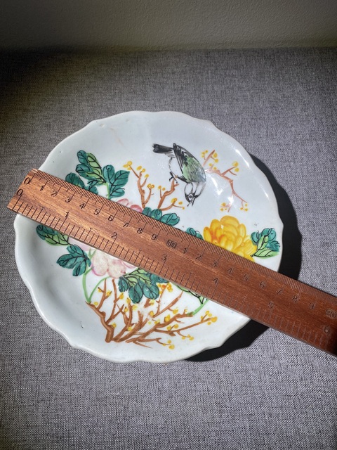 古玩陶瓷晚清淺降彩花鳥盤拍賣，當前價格550元