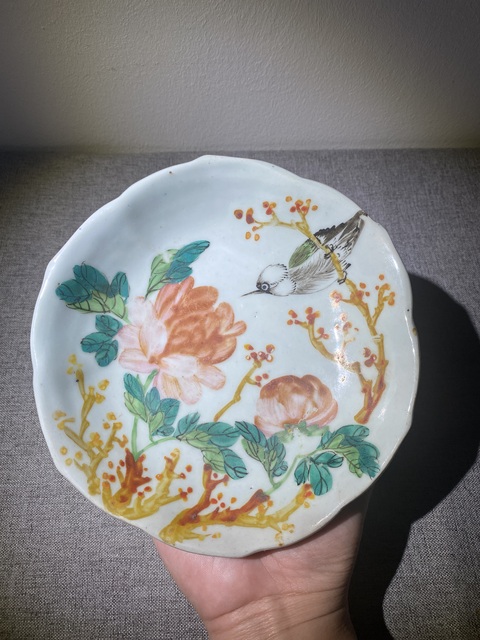 古玩陶瓷晚清淺降彩花鳥供盤拍賣,當前價格550元