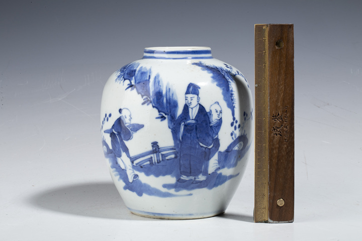古玩陶瓷晚清·青花攜琴訪友紋罐拍賣，當(dāng)前價(jià)格3666元
